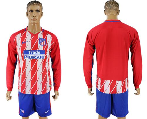 Atletico Madrid Blank Home Long Sleeves Soccer Club Jersey